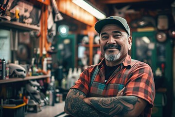 Portrait of proud barbershop owner in his shop.