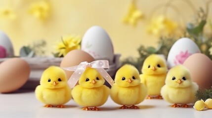 Chic Chick Celebration: Cute chicks and Easter decorations combine to form an adorable background for stylish and festive promotions. - obrazy, fototapety, plakaty
