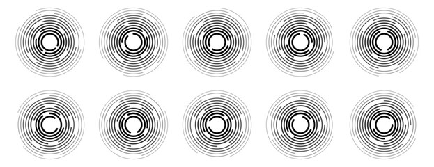 Concentric ripple circles vector set. Radial signal, sonar wave, soundwave icons