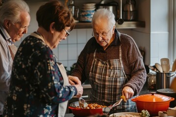Senior friends cooking a meal together while on a staycation in Northumberland, North East England. - obrazy, fototapety, plakaty