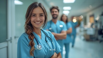 A smiling female healthcare professional stands in the foreground with a team of colleagues in scrubs behind her, representing dedicated medical teamwork.