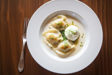 plate of boiled polish pierogi with sour cream and chives