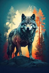 AI-Generated Double Exposure: Nordic Wolf and Forest - Mystical Digital Artwork