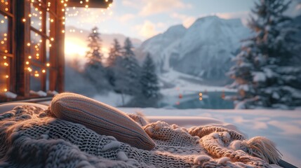 Winter Vacation Concept Scene, Winter vacation, highlighting the charm, warmth, and activities associated with a snowy getaway.