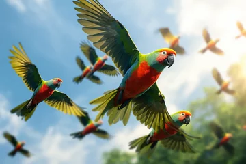 Fotobehang  Focus on the vibrant colors of a flock of parrots in flight © Amer