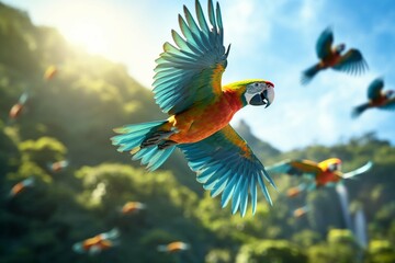 
Focus on the vibrant colors of a flock of parrots in flight