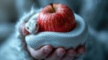 A symbolic image featuring a hand cradling an apple entwined by a white serpent, invoking themes of temptation and knowledge.