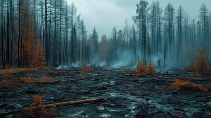 A somber scene of a forest devastated by wildfire, with smoke still rising from the charred and barren landscape.