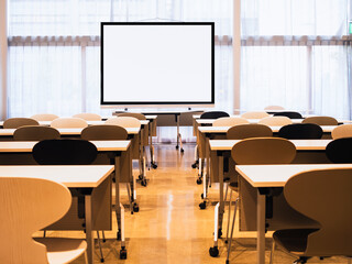 Mock up blank Screen indoor Seminar room Seat row Business education training