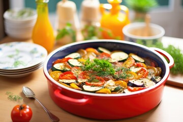 ratatouille in a ceramic dish beside fresh vegetables