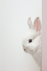 Easter bunny peeking out on a plain white and pink background. Cute, curious, fluffy white rabbit. A minimal and iconic Easter holiday concept banner with copy space.