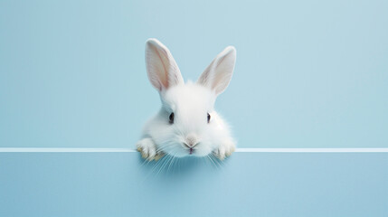 Easter bunny peeking out on a plain blue background. Cute, curious, fluffy white rabbit. A minimal and iconic Easter holiday concept banner with copy space.