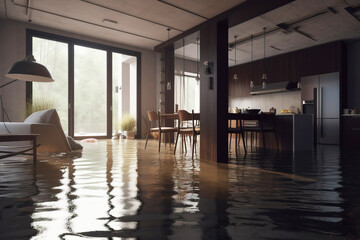 Ecological disaster destructive flood in residential private house in room.