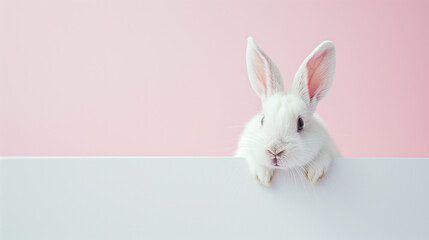 Easter bunny peeking out on a plain pink background. Cute, curious, fluffy white rabbit. A minimal and iconic Easter holiday concept banner with copy space.