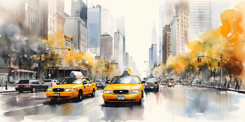 Vibrant New York City Street Scene with Yellow Taxi and Couple,Vibrant New York City Street Scene with Yellow Taxi and Couple in Oil Painting, Dynamic City Scene with Iconic Yellow Cab. 
