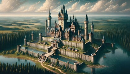 an aerial view of a castle by some water and trees - obrazy, fototapety, plakaty