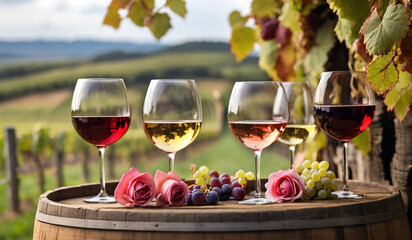 Three glasses with red, rose and white wine on a wooden barrel in the vineyard