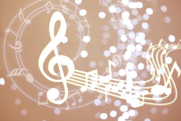 Music notes on background with blurred lights, bokeh effect