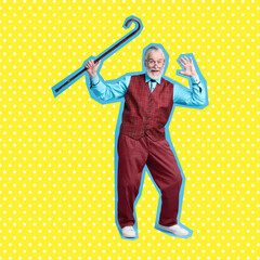 Pop art poster. Emotional senior man with walking cane on yellow polka dot background