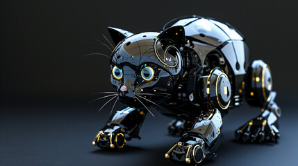 A robot cat on a black background