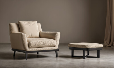 comfortable leather armchair and ottoman in stylish home interior design room corner