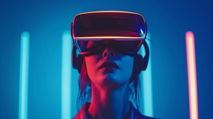 Woman with VR glasses neon lights - 715447609