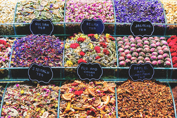 Herbal tee. Various sorts of tea and spices at Egypt Bazaar (Misir Carsisi) in Istanbul, Turkey...