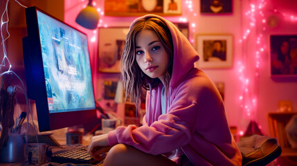 Girl sitting in front of computer with creepy look on her face.
