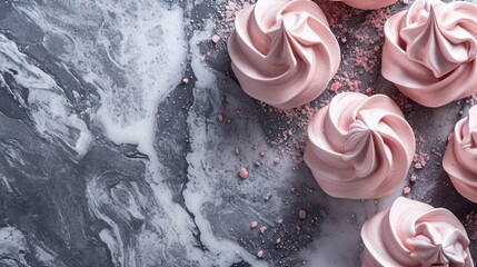 Pink meringue cookies on a gray marble table delicious desserts - 715448236