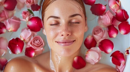 Woman in a spa jacuzzi with petal roses bath - 715448247