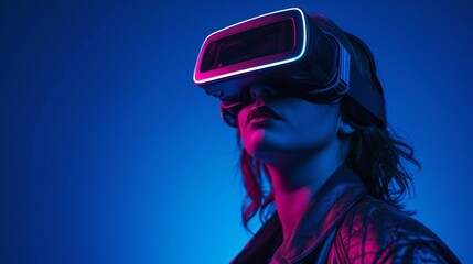 Woman with VR glasses neon lights - 715448257