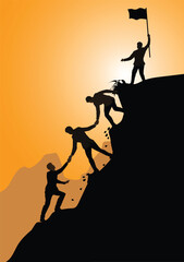 Silhouette of businessman helping each other hike up a mountain at sunrise background. Business, teamwork, success, achievement and help concept.