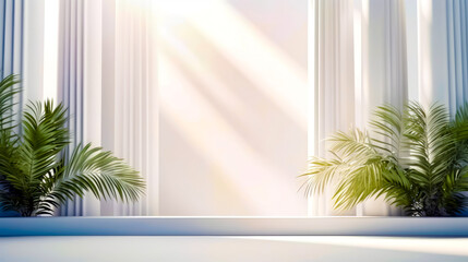 Room with white wall and two plants in front of window.
