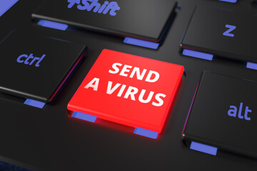 Fototapeta premium Illustration with a close-up of a keyboard and a SEND A VIRUS button. Background on the theme of simple virus attacks.