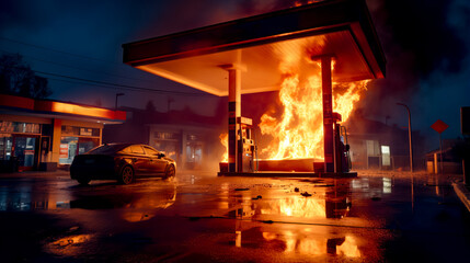 Gas station that is on fire with car parked in front of it.