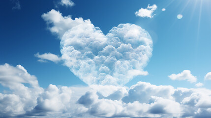 Naklejka na ściany i meble Heart shaped cloud on bright blue sky and white clouds.
