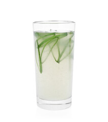 Tasty aloe juice and cut fresh leaves in glass isolated on white