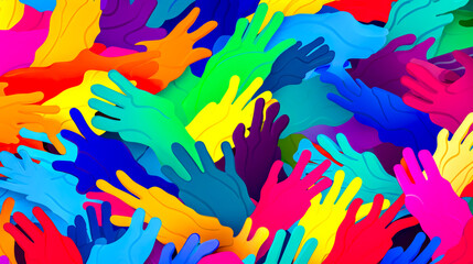Bunch of colorful hands that are in the air with the colors of the rainbow.