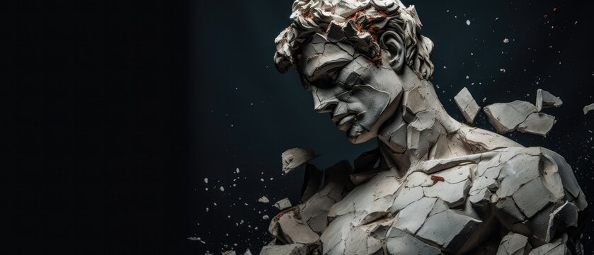 broken, cracked antique Greek statue of a man. Broken marble sculpture on dark background with space for text, Cracked bust, mental illness, memory loss, depression