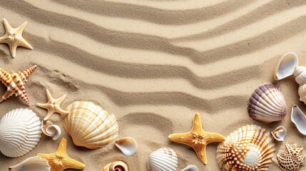 Fototapeta na wymiar Seashells and Starfish Scattered on Sandy Beach