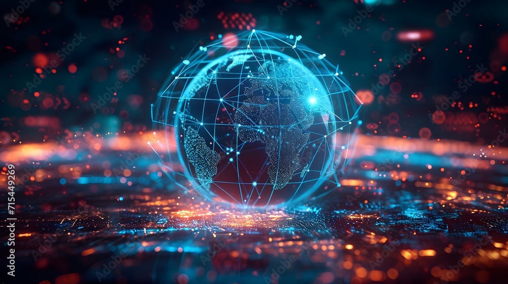 Poster background with glowing lights, a globe with a network of lights in the middle of it and a map of th