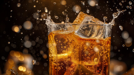 Dynamic shot of ice cubes falling in a glass. Cocktail with splashes and ice cubes.