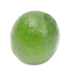 One fresh ripe lime with green leaves isolated on white