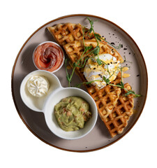 exquisite breakfast waffles with egg, humus, salmon