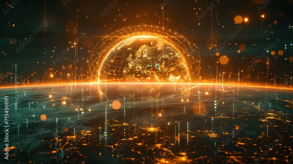 Poster a globe with a network of lights in the middle of it and a map of the world in the background