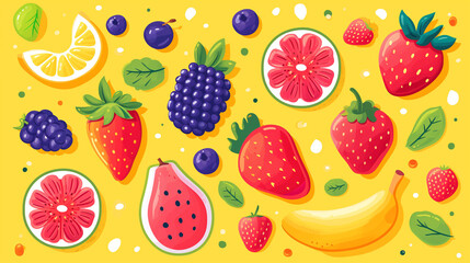 Fruit doodle background. Fruit drawing including apple, orange, berry, strawberry, pineapple.