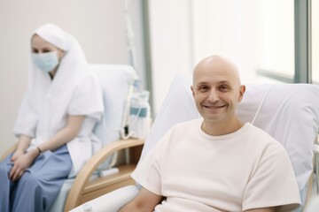 Obraz premium Man with cancer sitting in hospital during chemotherapy session