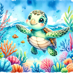 Cute sea turtle, fish, coral, jellyfish, digital watercolor illustration