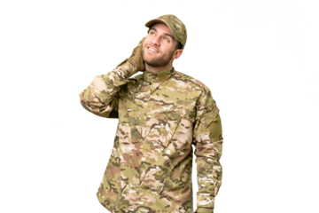 Military man over isolated chroma key background thinking an idea