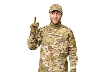 Military man over isolated chroma key background intending to realizes the solution while lifting a finger up